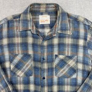 VTG 80s Value Line Sanforized Cotton Flannel Shirt Mens L Blue Tan Plaid Soft